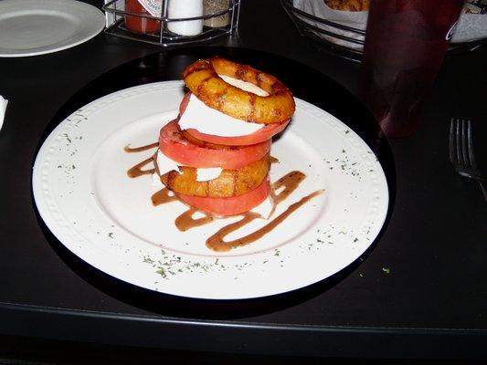 Mozzerella Tower with Guinness Beer Battered Onion Rings (featured in Rachel Ray Magazine)