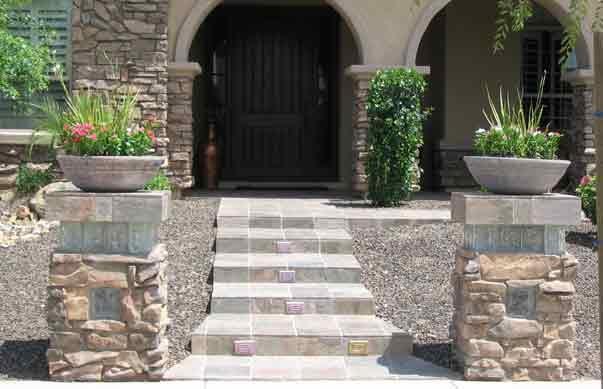 Front yard with pedestals