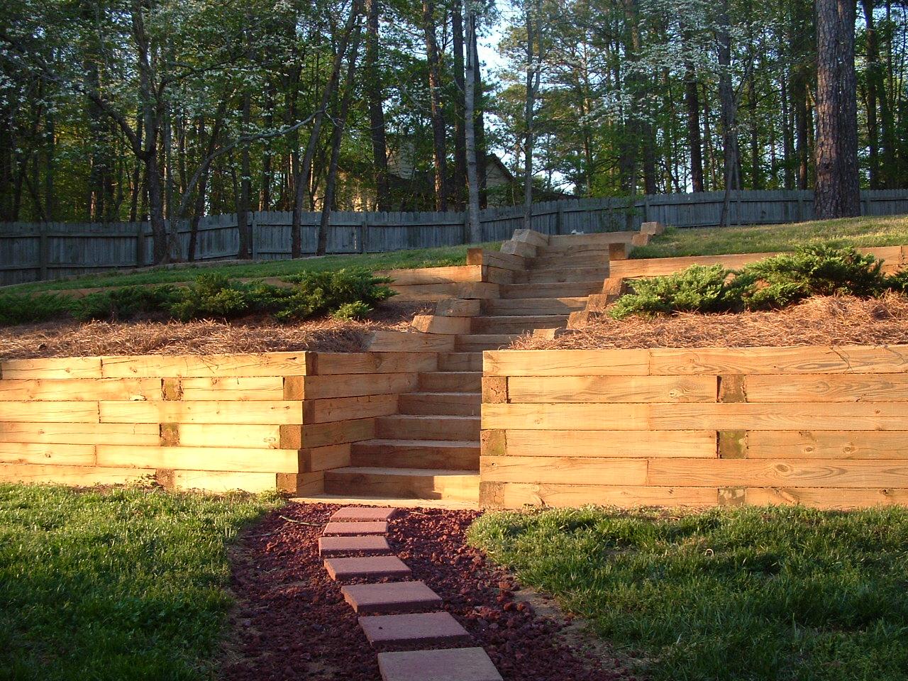 Pressure Treated Retaining Wall with steps, planting boxes & walkway