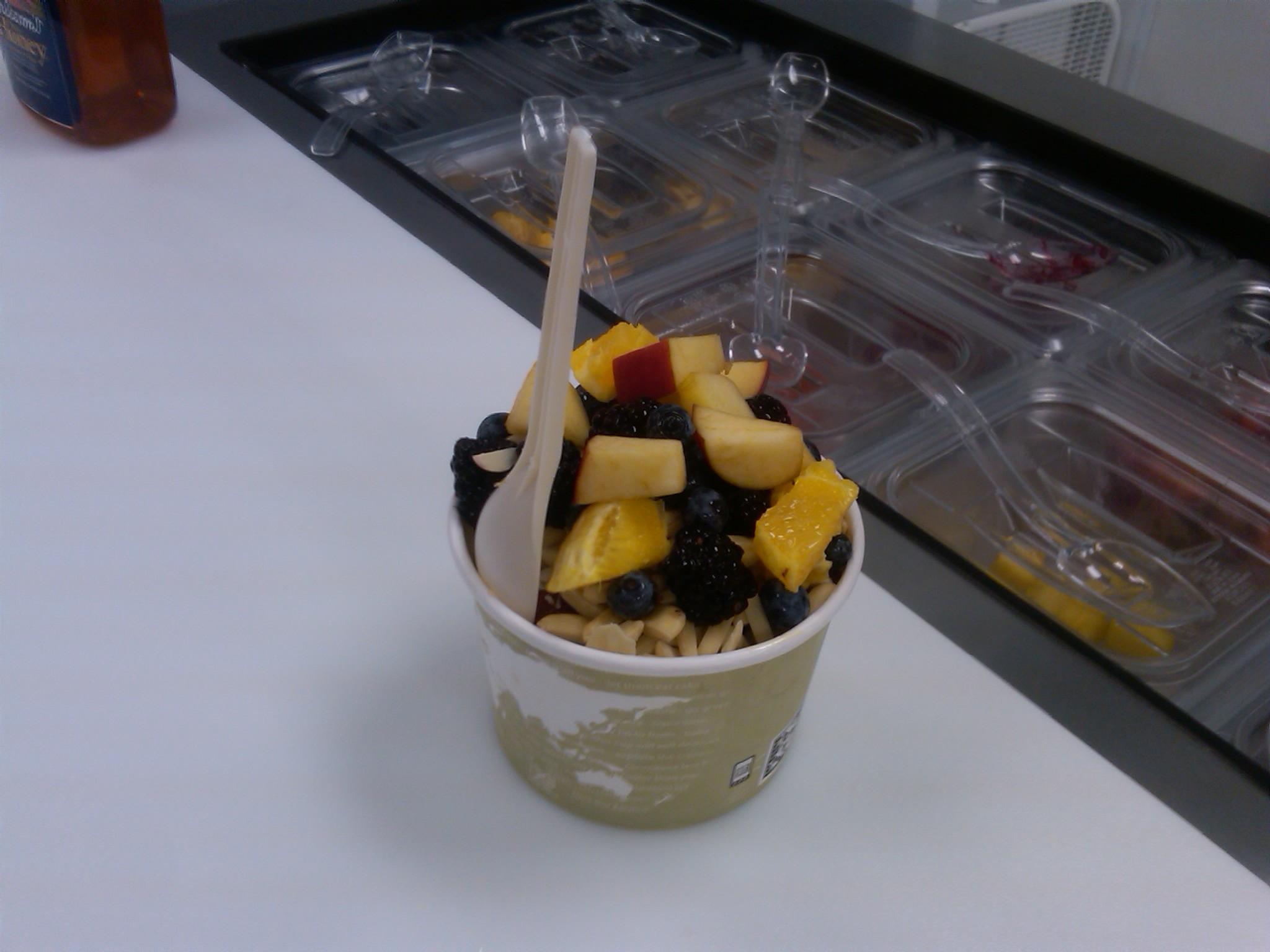 Our Organic Frozen Yogurt topped with healthy fruit.