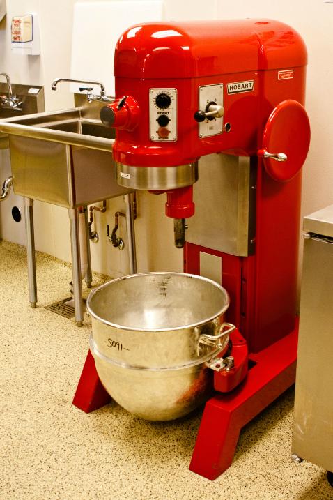 We make our dough in the store every day. Everything we serve is freshly prepared. This is "Ruby," our giant mixer.