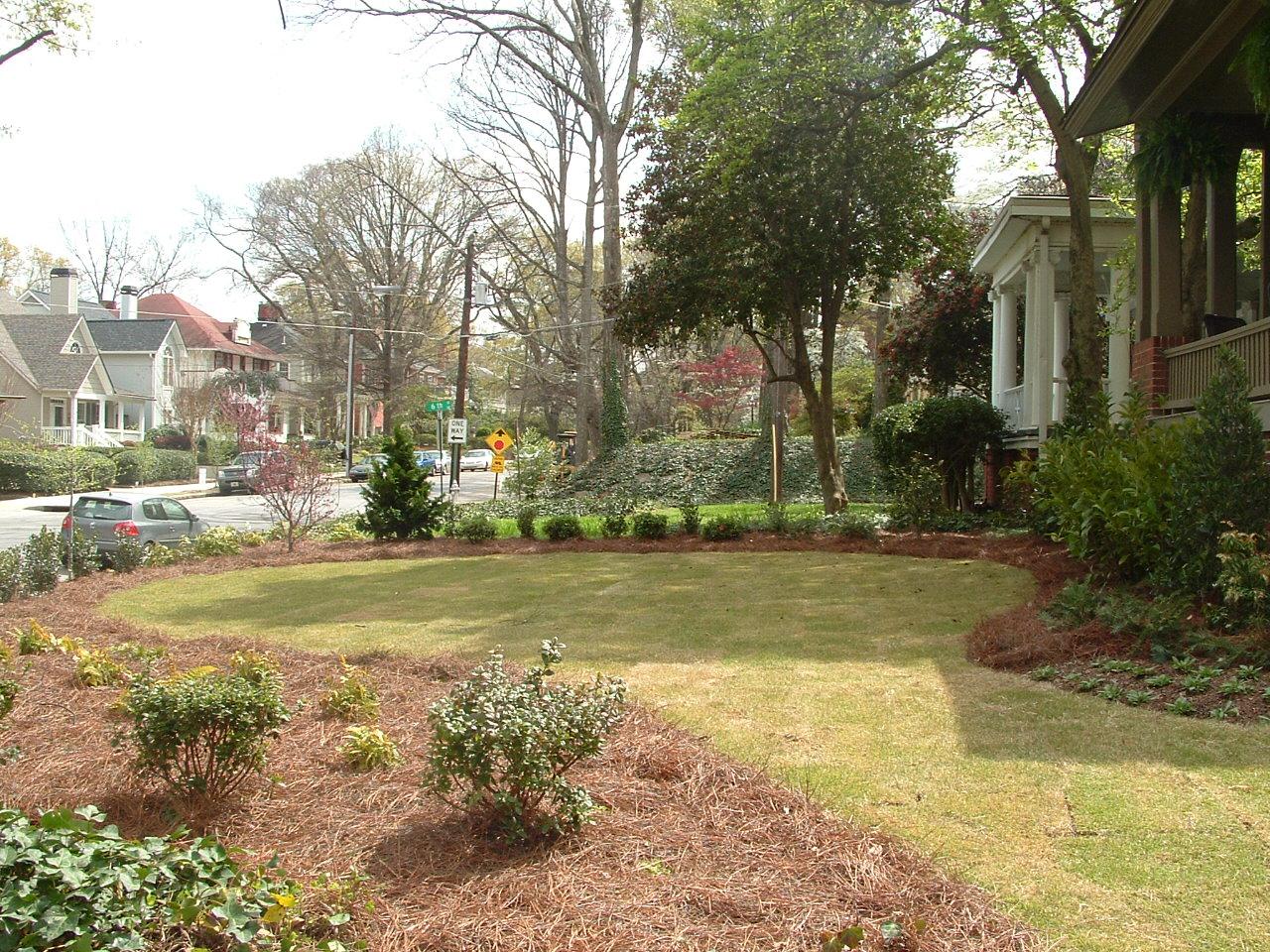 Reshaped yard with new sod, pinestraw and shrubs