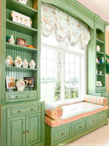 Green Painted Window Seat with Shelving