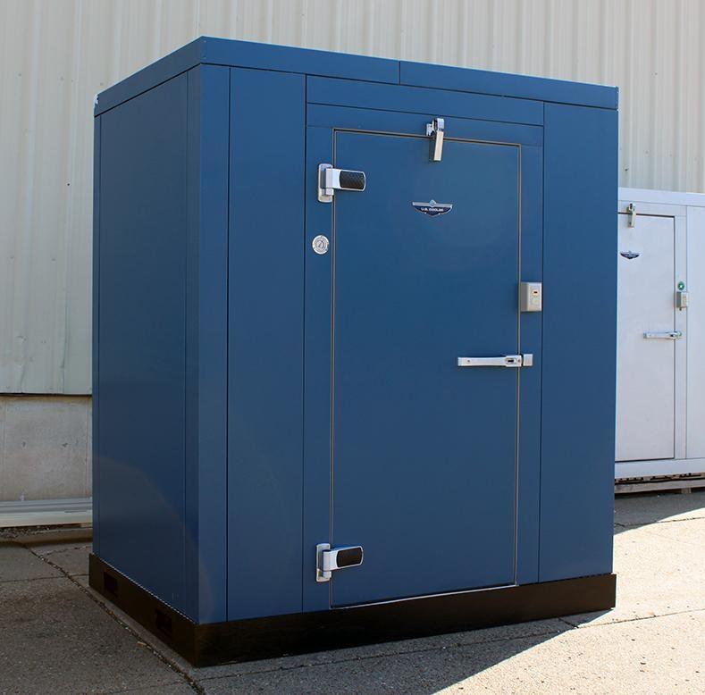 Royal Blue smooth metal walk-in freezer.