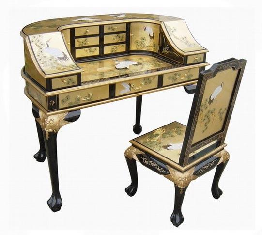 Golden Lacquered Oriental Dresser / Desk With Chair Set