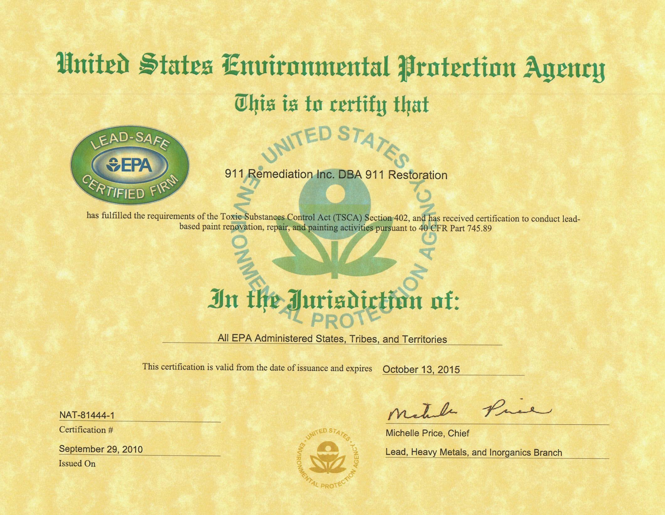 911 Remediation is EPA Certified!