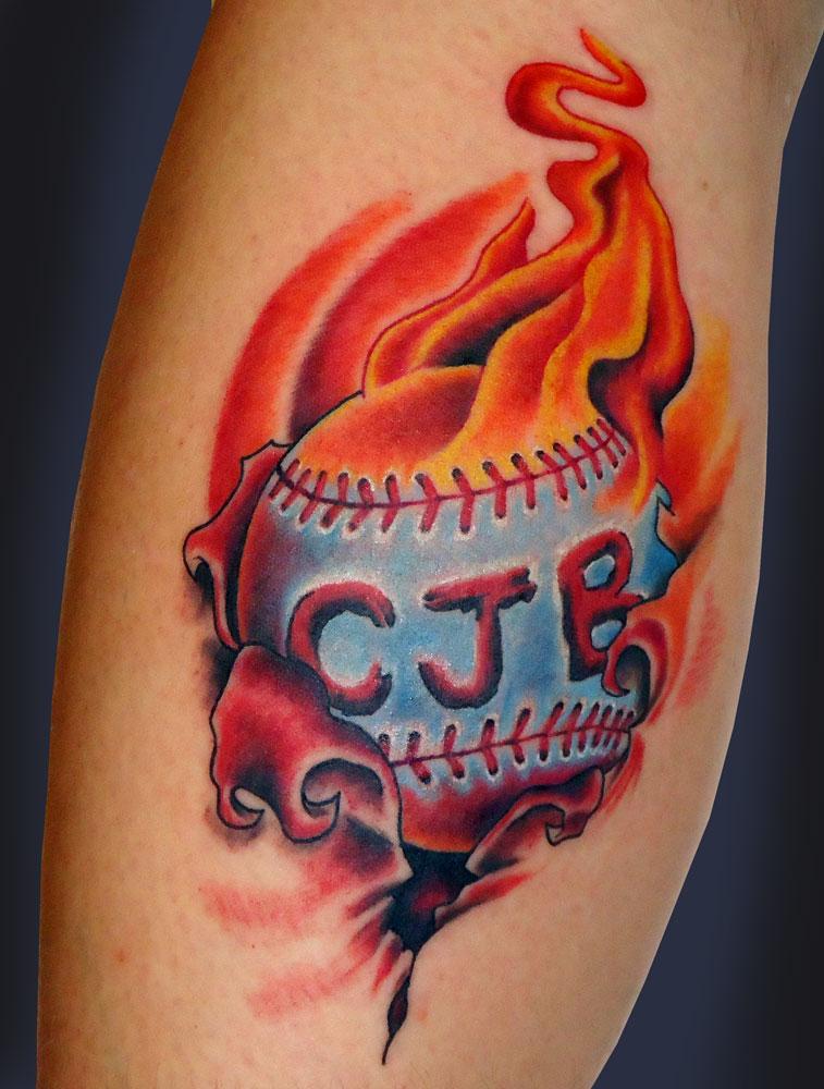 flaming baseball tattoo