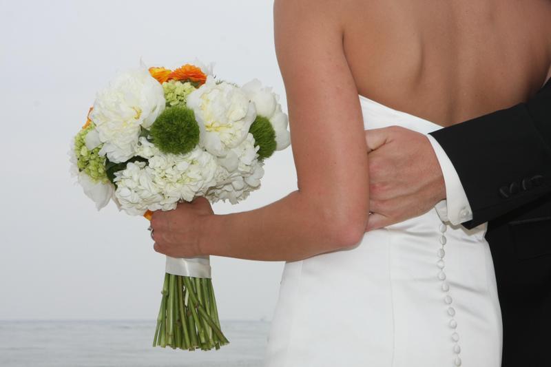 white hydrengias and proteas wedding bouquet