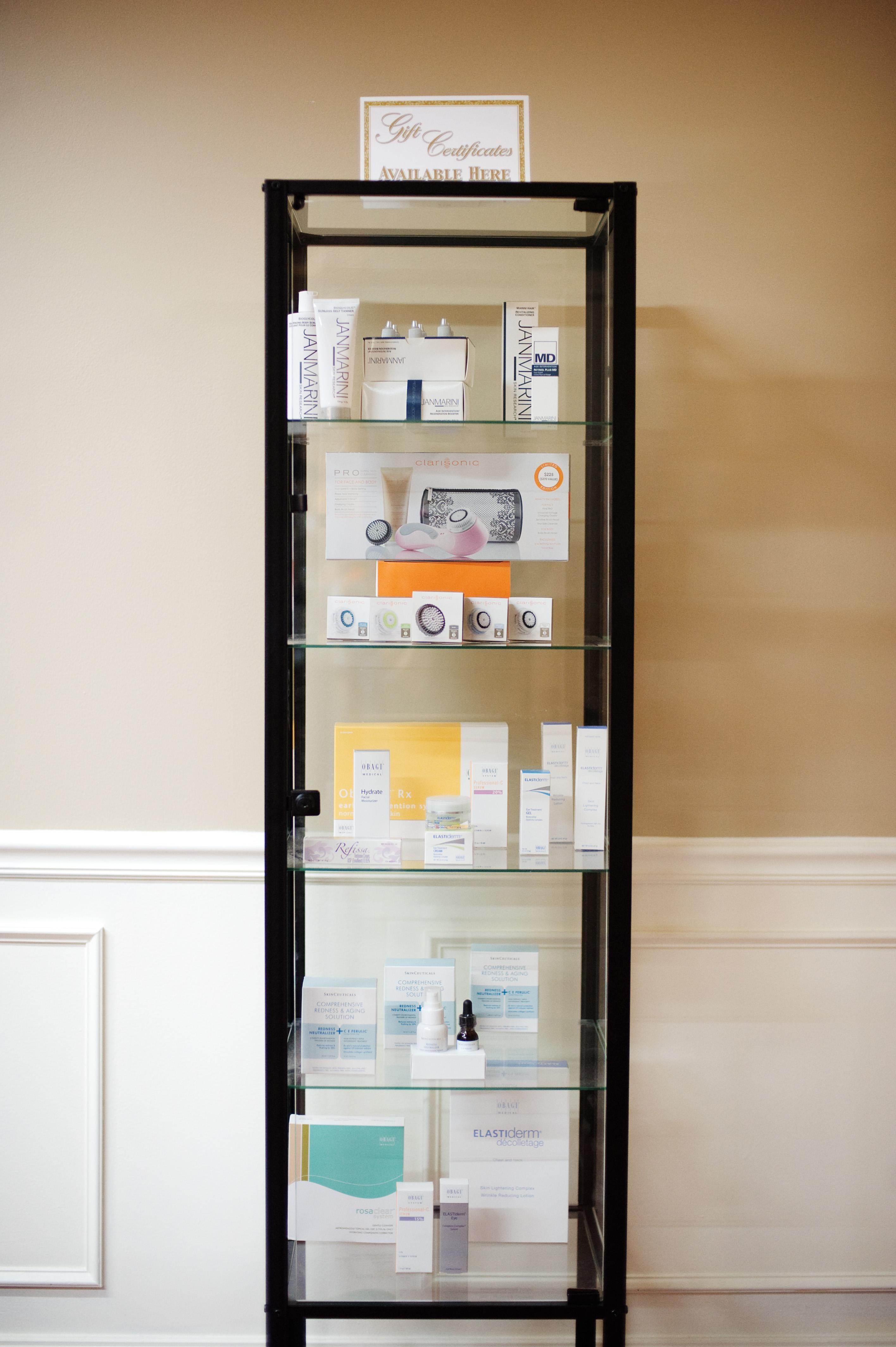 We offer products from Clarisonc, Obagi, SkinCeuticals, and Jan Marini