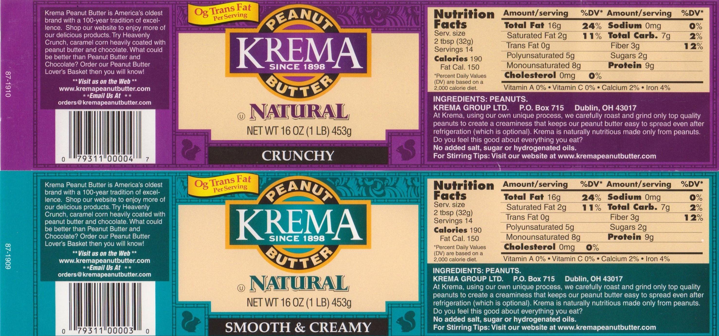 Krema Natural Peanut Butter Nutrition Facts