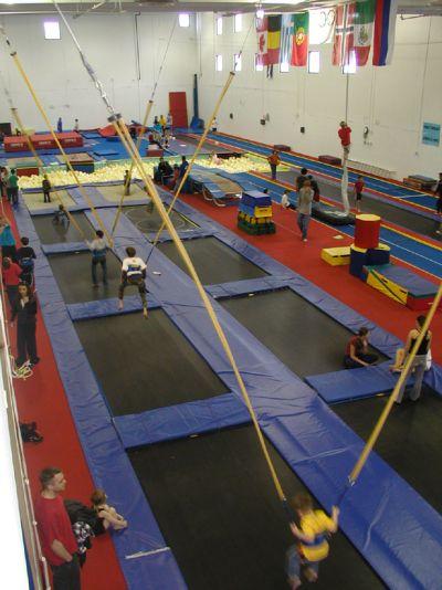 Bungee harnesses over trampolines can shoot you sky high!