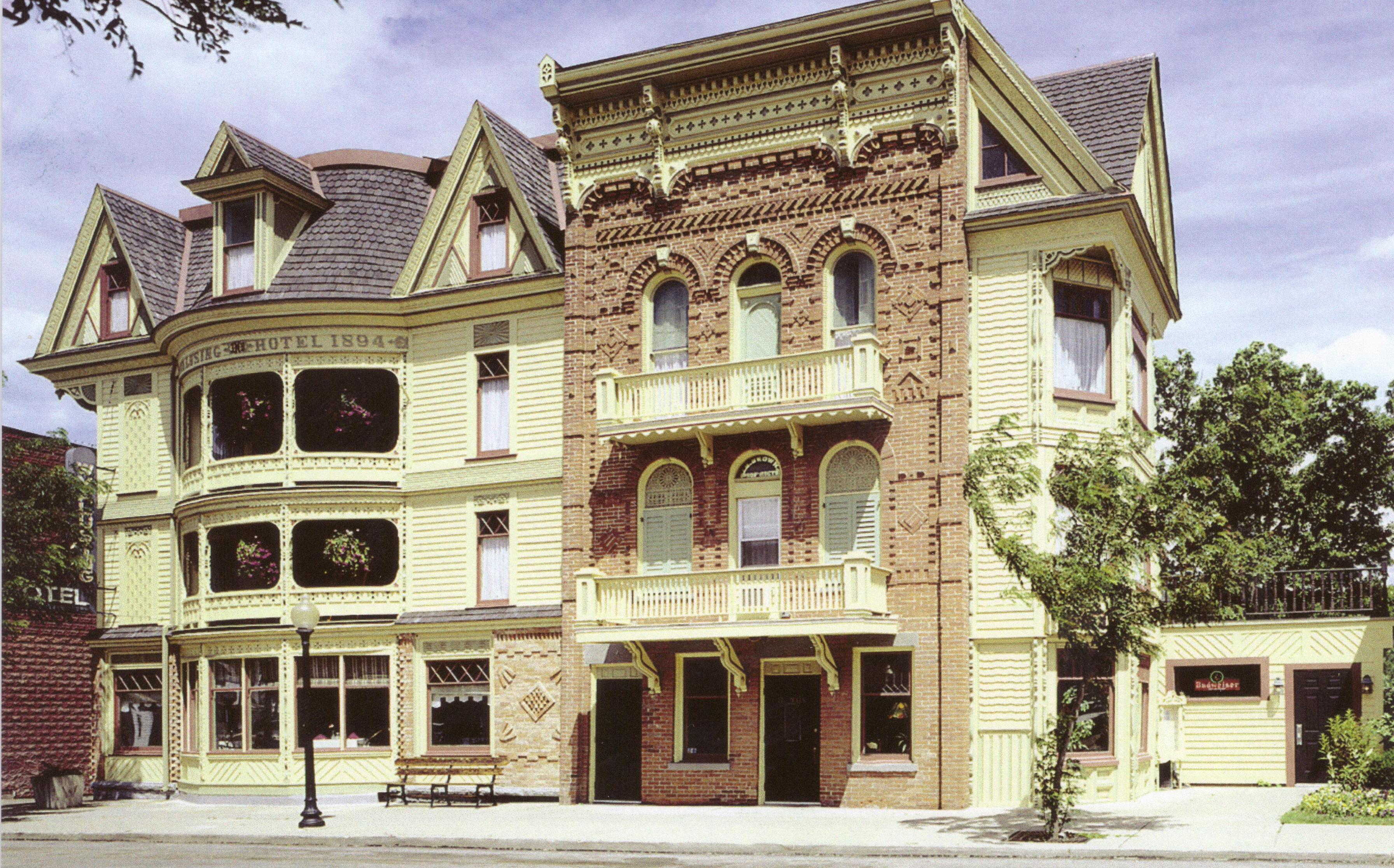 The ornate gingerbread style front of the Historic Wyalusing Hotel.