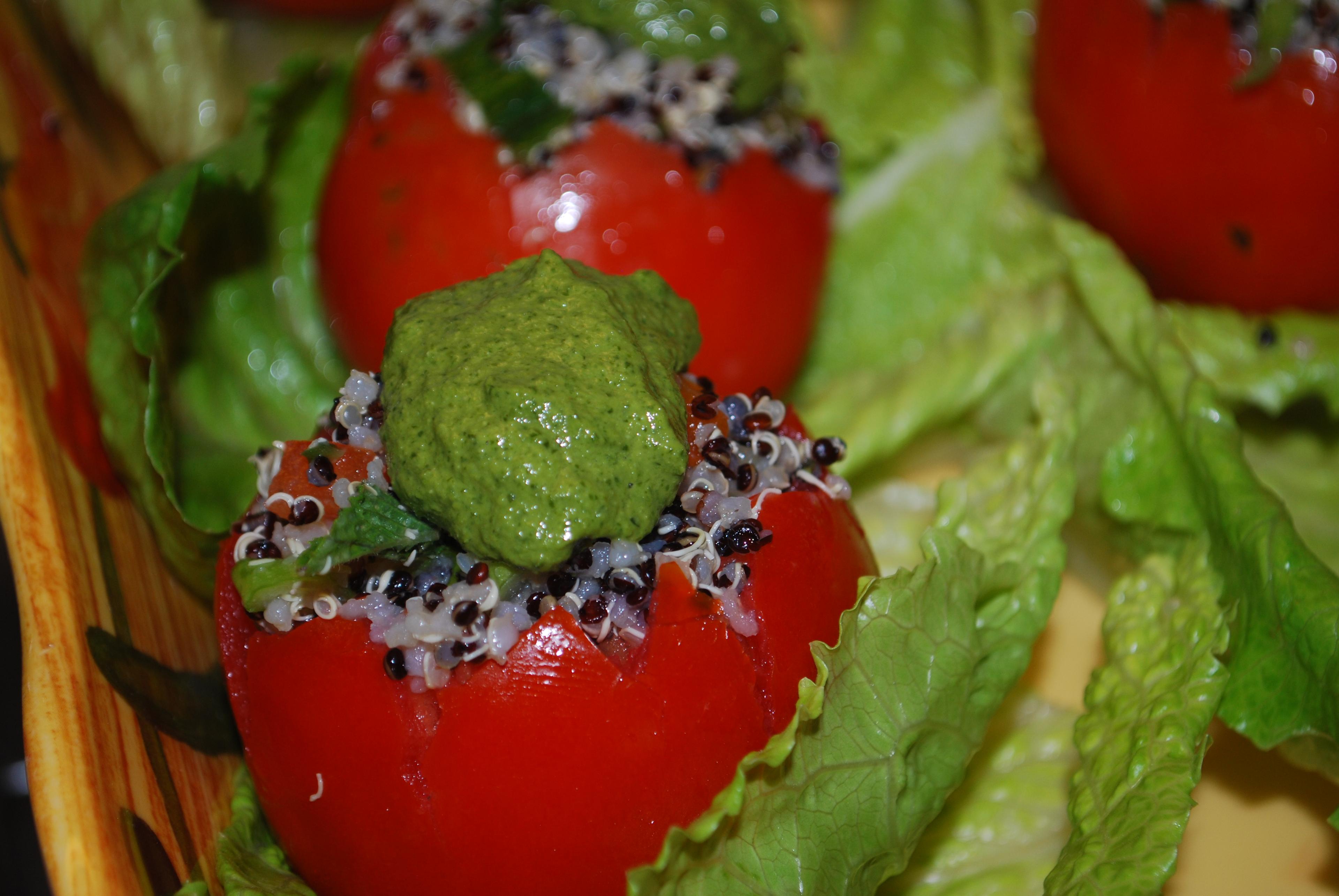 Quinoa-Stuffed Hot house tomtoes with cilantro pesto