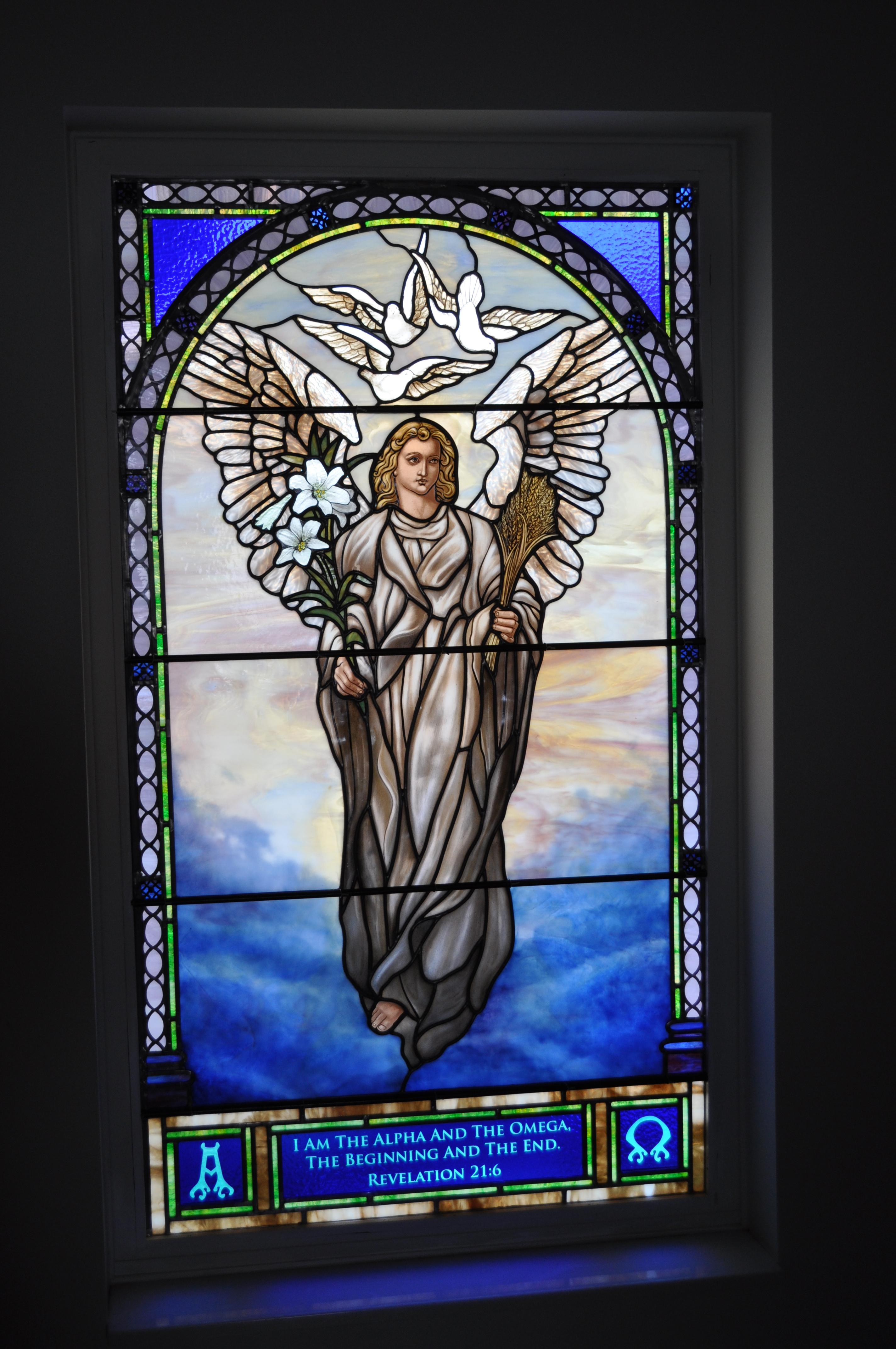 Angel Stained Glass Window, State College, PA.  Designed and Fabricated by Castle Studio Owner, Randall Claggett