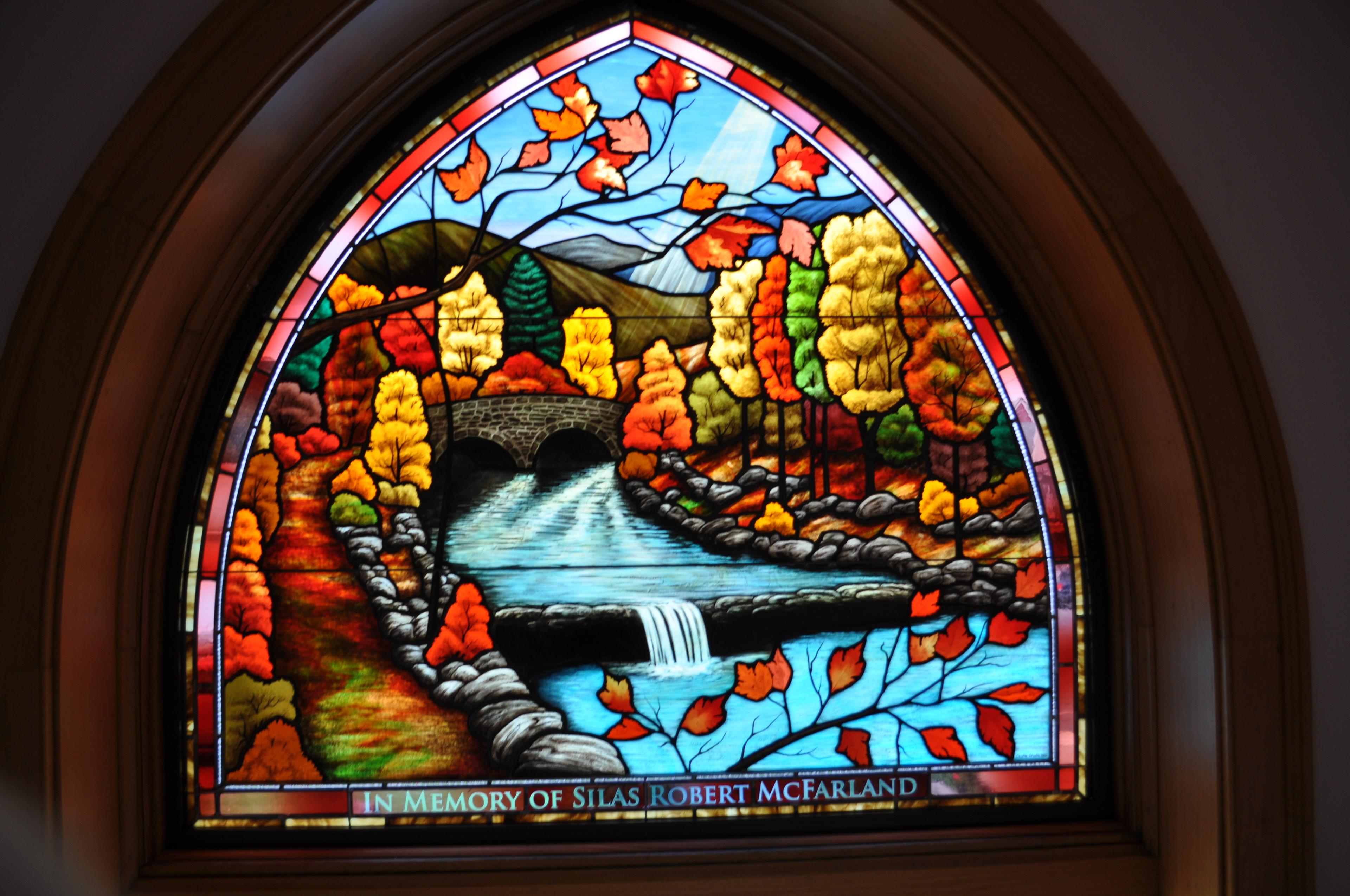 Fall Scene, Tyrone, PA.  Stained Glass Window Designed and Fabricated by Randall Claggett, Owner of Castle Studio Stained Glass.