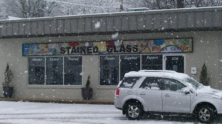 Stained Glass studio in winter snow