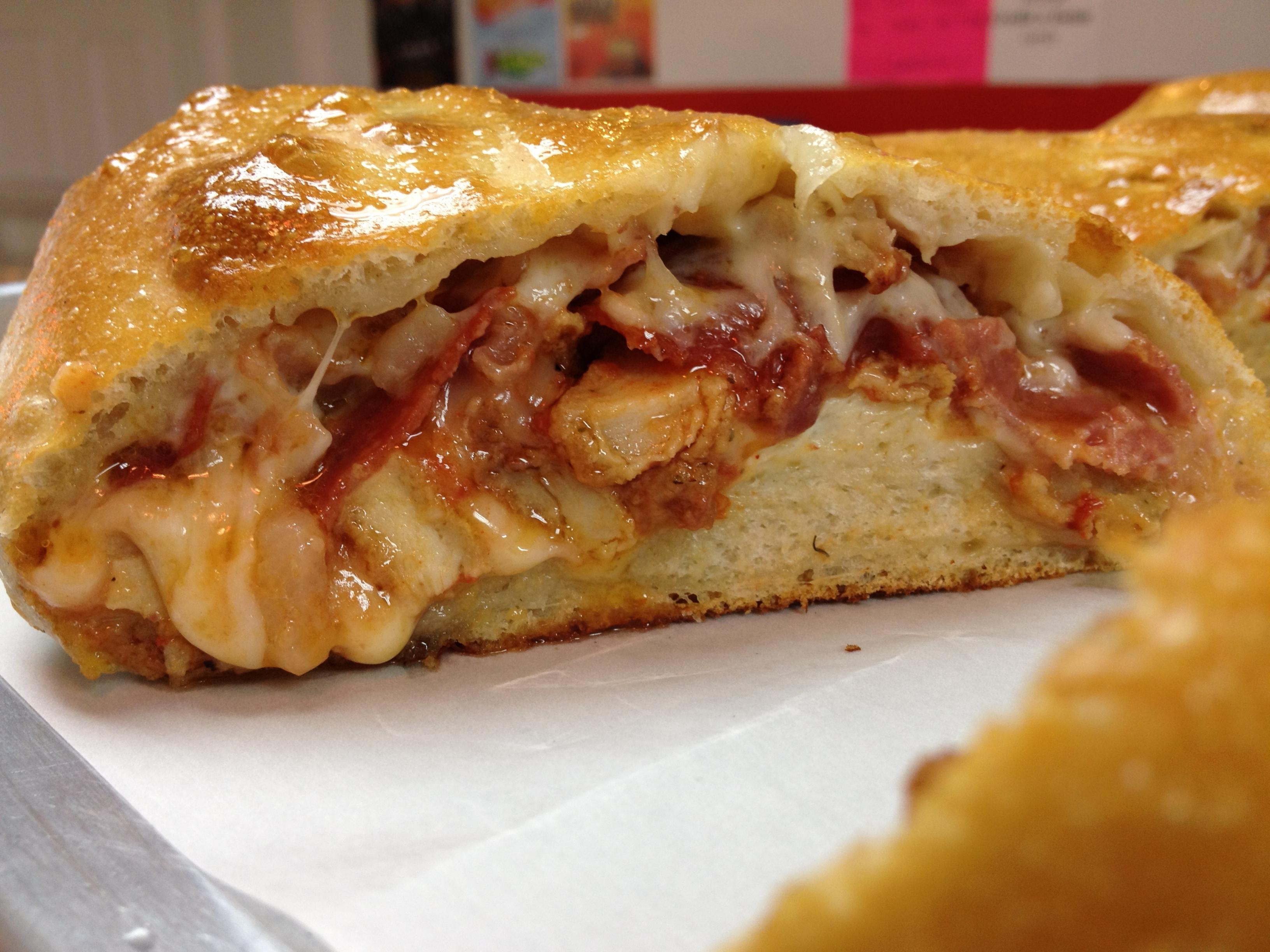 Stromboli with chicken pepperoni Bacon