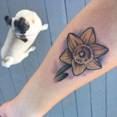 Flower tattoo made by neil, pug for scale