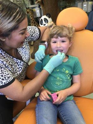 had so much anxiety about having her wigglytooth pulled the dental tech was so good, eased her worries, had everybody smiling