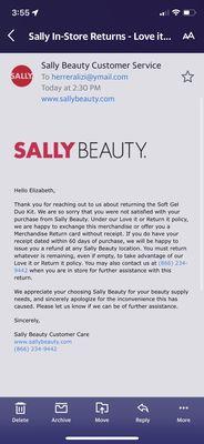 Sally's return policy for USED items