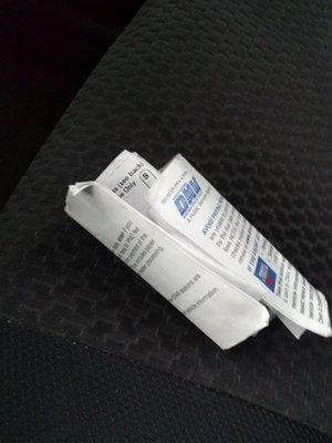 After the smog repair, the front desk told me the mechanic left my smog dmv slip in the car.  This is how I found it and now how I handed it