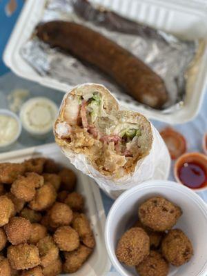 Southern Cajun Shrimp P Boy, Smoke Pork Boudin, Southern Breaded Okra & Southern HushPuppies - IG: @nelson_eats