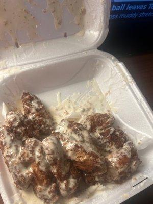 garlic Parmesan wingz , is drowned in ranch dressing, shit is discussing