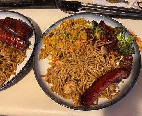 shrimp soft noodles, the long bone bbq spare ribs, and their teriyaki chicken with a side of bbq pork fried rice