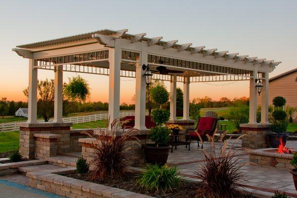 vinyl pergola with patio stone