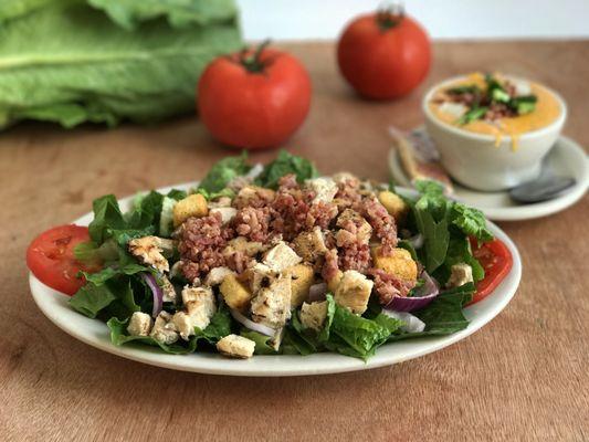 Grilled Chicken Salad and Baked Potato Cheese Soup