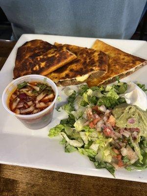 Birria quesadilla, guac, pico salad