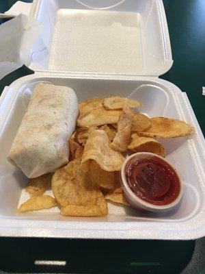 Steak burrito with potato chips