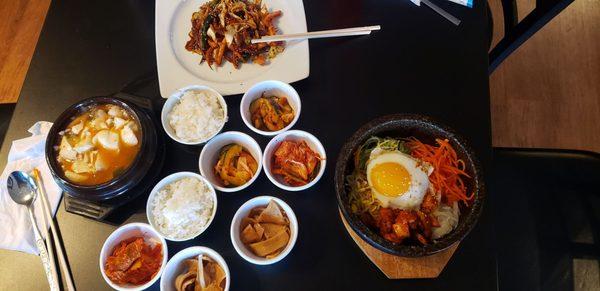 Spicy squid, spicy chicken bimbimbap and seafood tofu soup