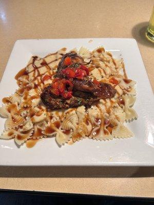 Blackened Chicken with bow tie pasta.