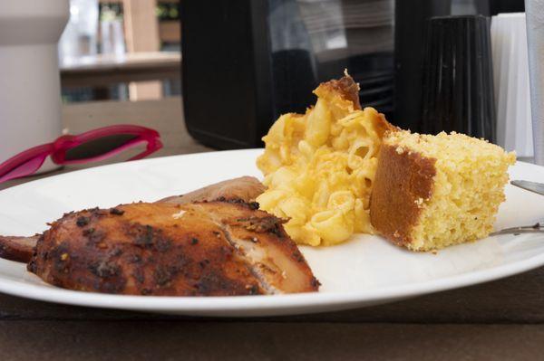 BBQ chicken, brisket, macaroni and cheese, and corn bread