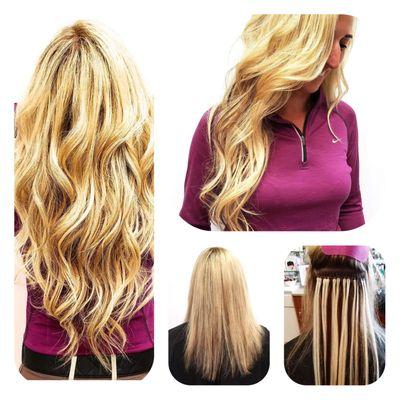 22" Flat-Tip Babe Hair Extensions in "Dixie" and "Daisy" colors blending with existing hair color adding fullness and length.