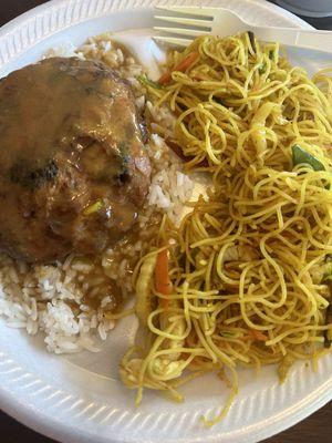 Vegetable egg foo young and Singapore mei fun