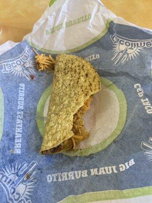 This is how our taco came to us! Why would they even serve this. My son wouldn't eat because he thought someone took a big bite out of it.