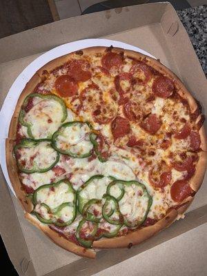 Half pepperoni and half green pepper and onion. Large. $17.44 after tax.