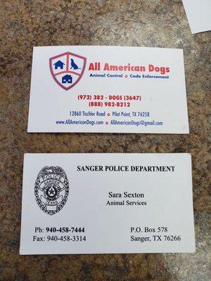 All American Dogs and officer Sextons business card.