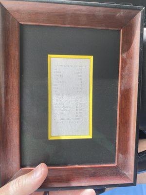 Framed New York City taxi receipt(sentimental story)