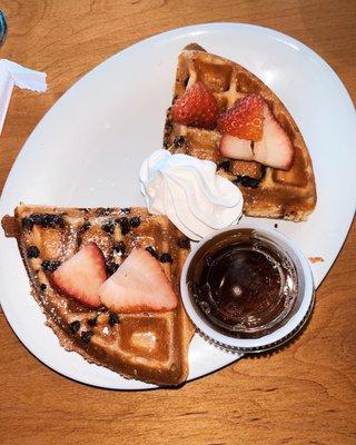 kids half waffle with chocolate chips, strawberries and whipped cream!