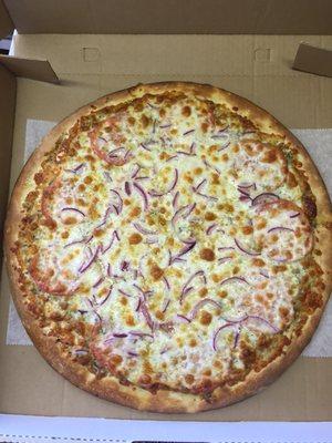 Our white pizza with red onions added