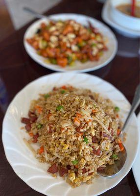 Taiwanese sausage fried rice in brown rice, in the back photo, Kung pao chicken and hot and sour soup.