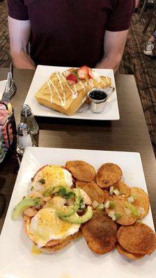 Top: Orange creamsicle French Toast (Special).  Bottom: Sunrise Shrimp with Home fries  ($11)