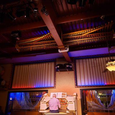 Above the organist, the ceiling dazzles.