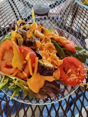 Side salad spilling off the plate.