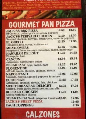 Gourmet Pan Pizza menu