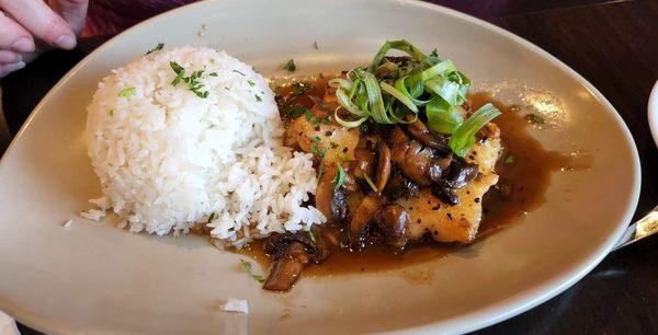 Sea bass, truffle mushrooms, & jasmine rice instead of pea risotto.