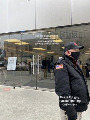 Check out the tough security staff keeping customers out while they take turns warming up inside store